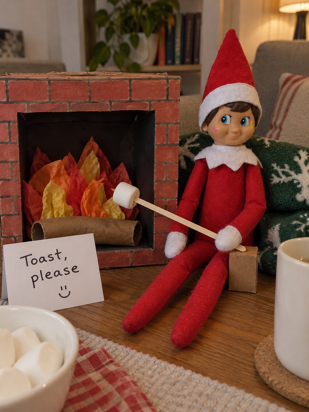 Tom’s elf holding a marshmallow on a blunt craft stick beside a cardboard fireplace with tube logs and tissue-paper flames.