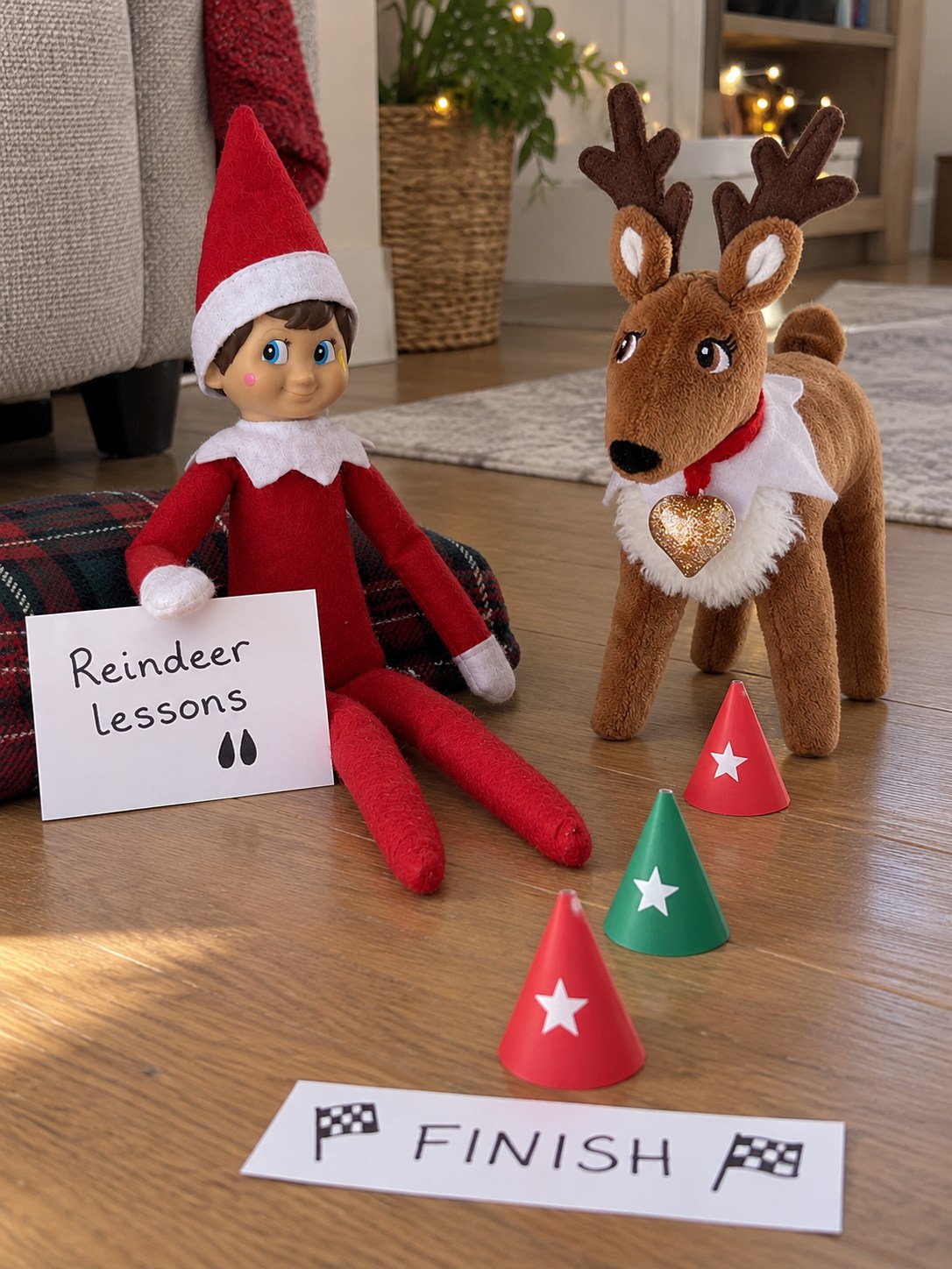 Tom's elf beside the official Elf Pets reindeer plush and three homemade cones leading to a paper finish line.