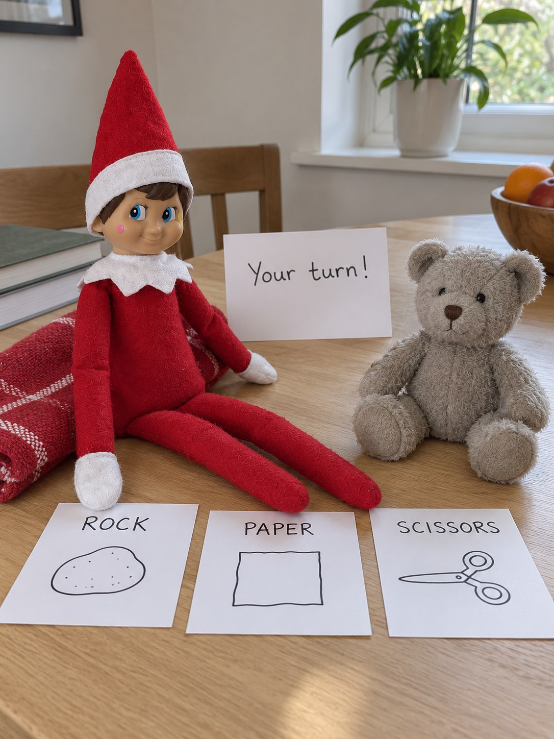 Tom's elf and a teddy playing with three homemade rock, paper and scissors cards on a wooden table.