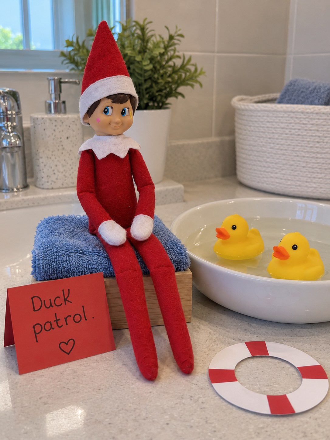 Tom’s elf sitting on a dry towel-covered wooden block beside a shallow bowl with two yellow rubber ducks and a Duck patrol sign.