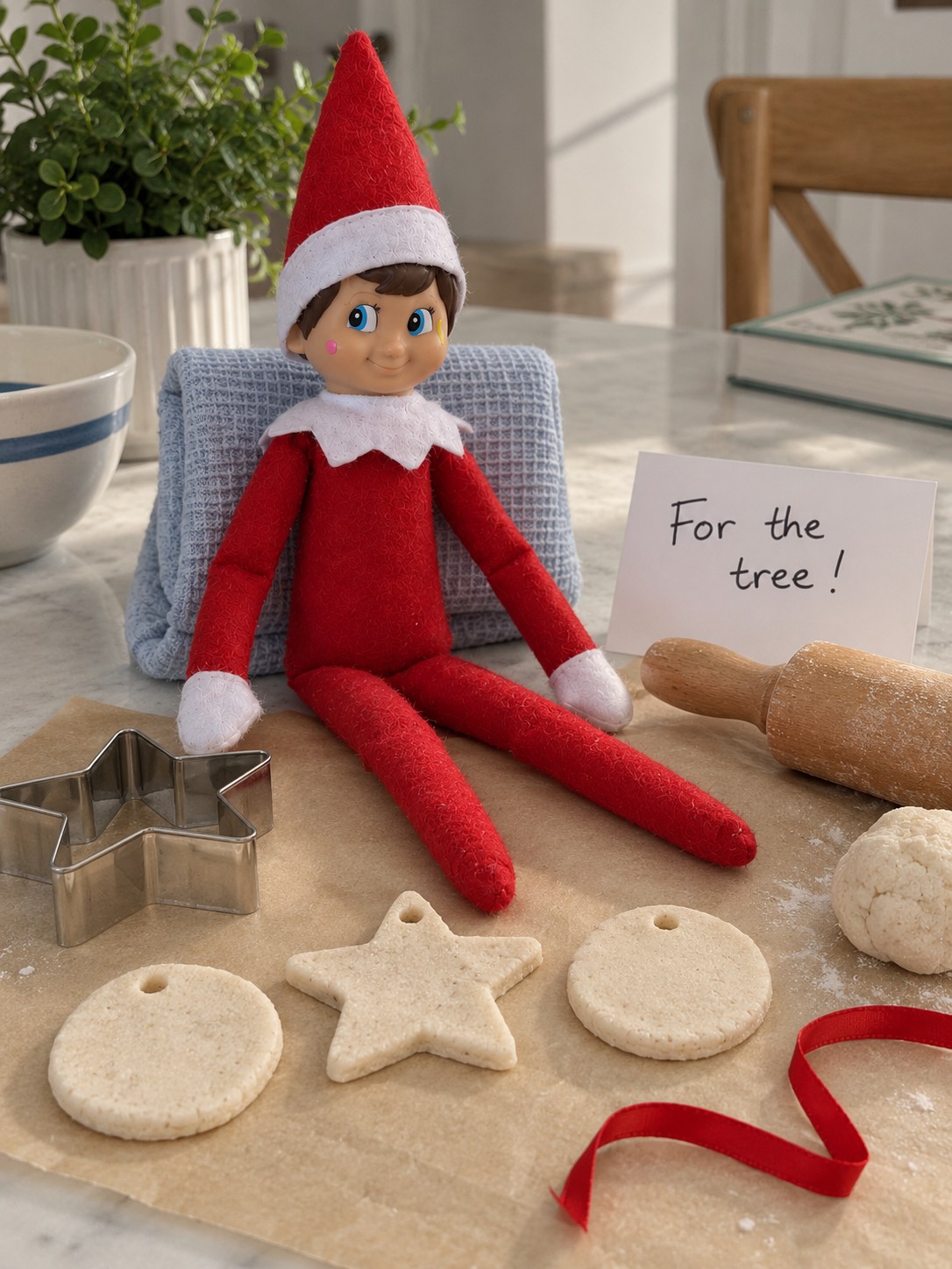 Tom’s elf beside three plain salt-dough shapes with hanging holes, a rolling pin, star cutter and loose red ribbon on parchment.