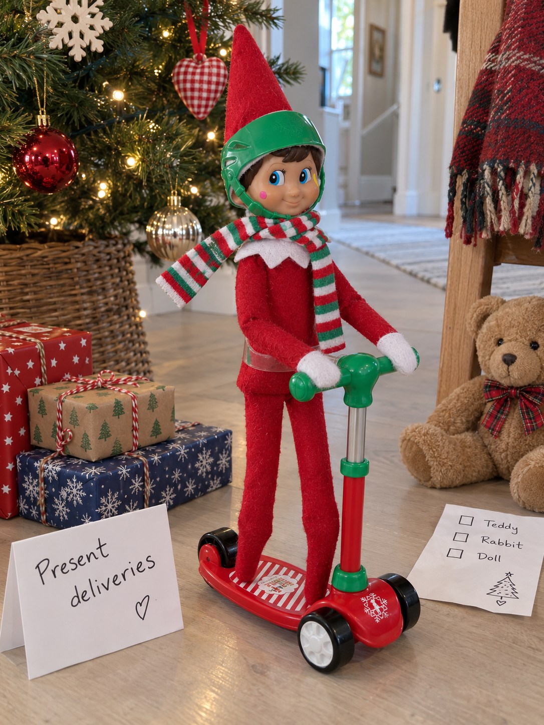 Tom’s elf on the official red-and-green standing scooter with helmet and striped scarf beside three homemade parcels and a delivery route.