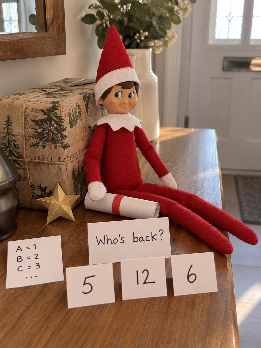 Tom’s elf beside a wrapped parcel with cards showing 5, 12 and 6, an alphabet-number key and a Who’s back note.