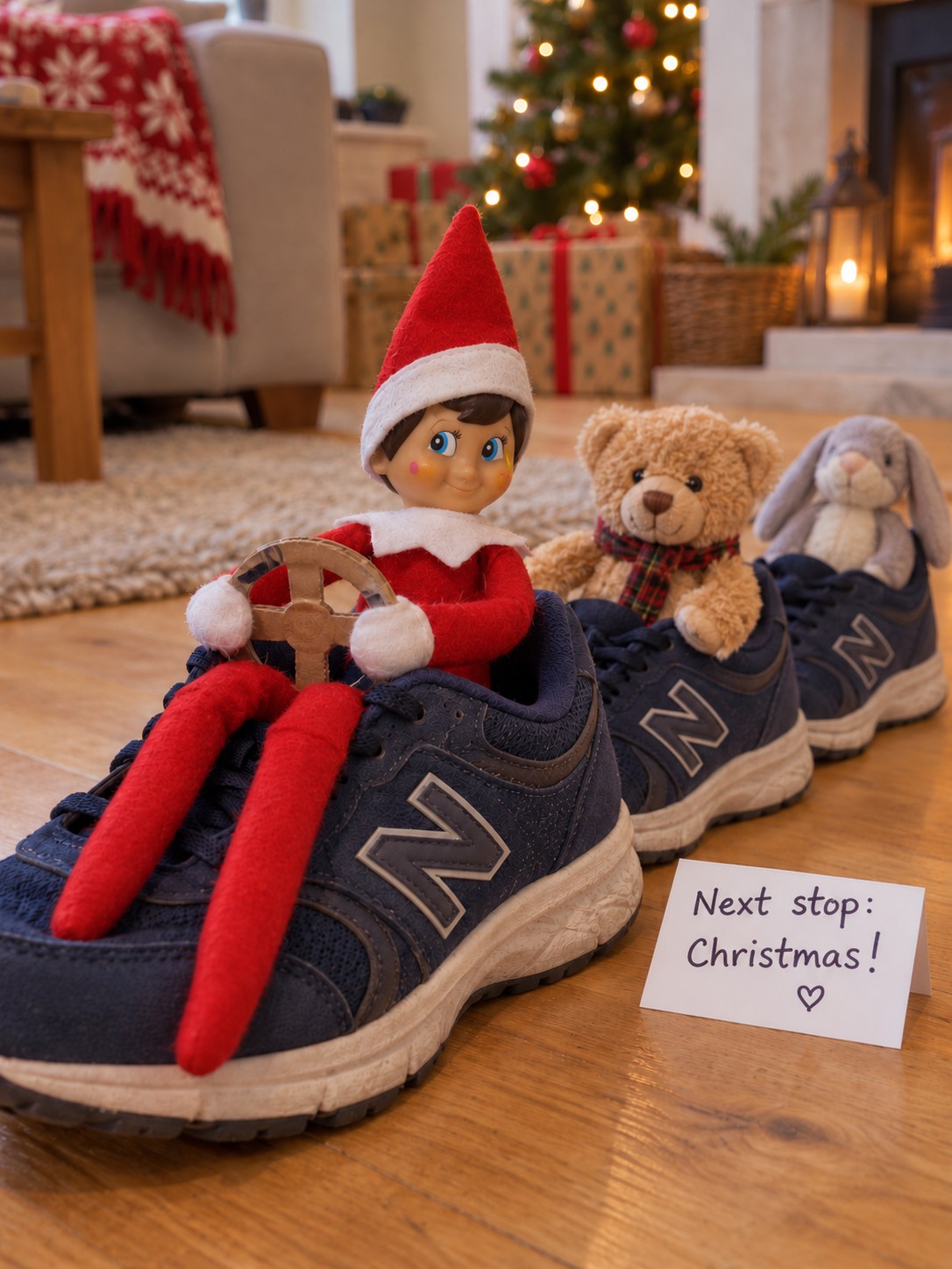 Tom’s elf driving a train of three shoes with a teddy and rabbit as passengers