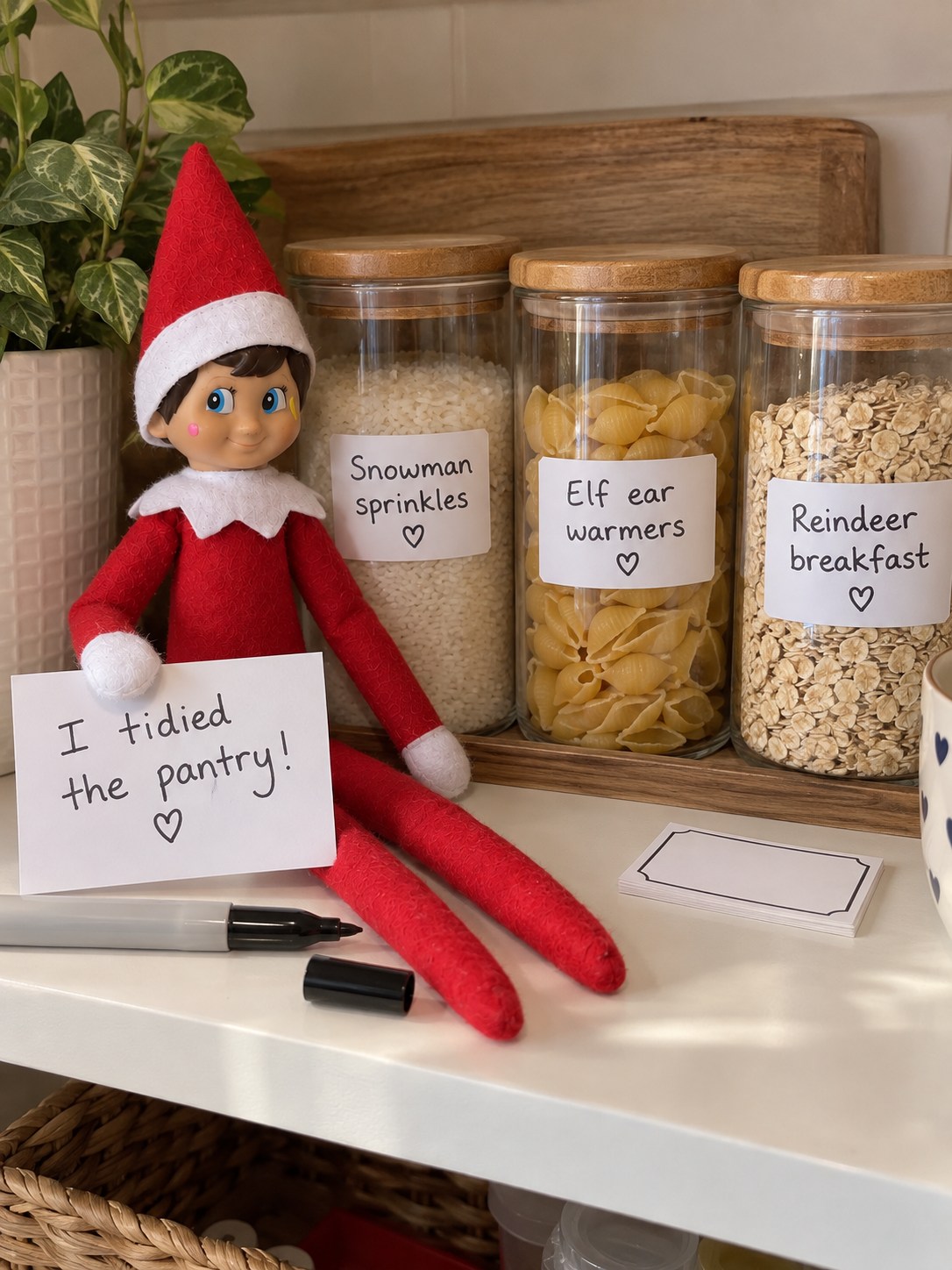Tom’s elf beside rice, shell pasta and oat jars labelled Snowman sprinkles, Elf ear warmers and Reindeer breakfast.
