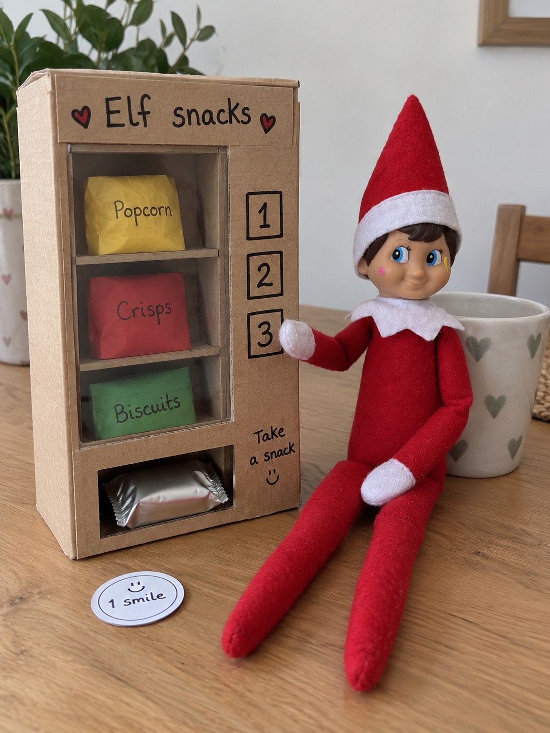 Tom’s elf beside a homemade cardboard snack vending machine with paper snack packets and a one-smile paper coin.