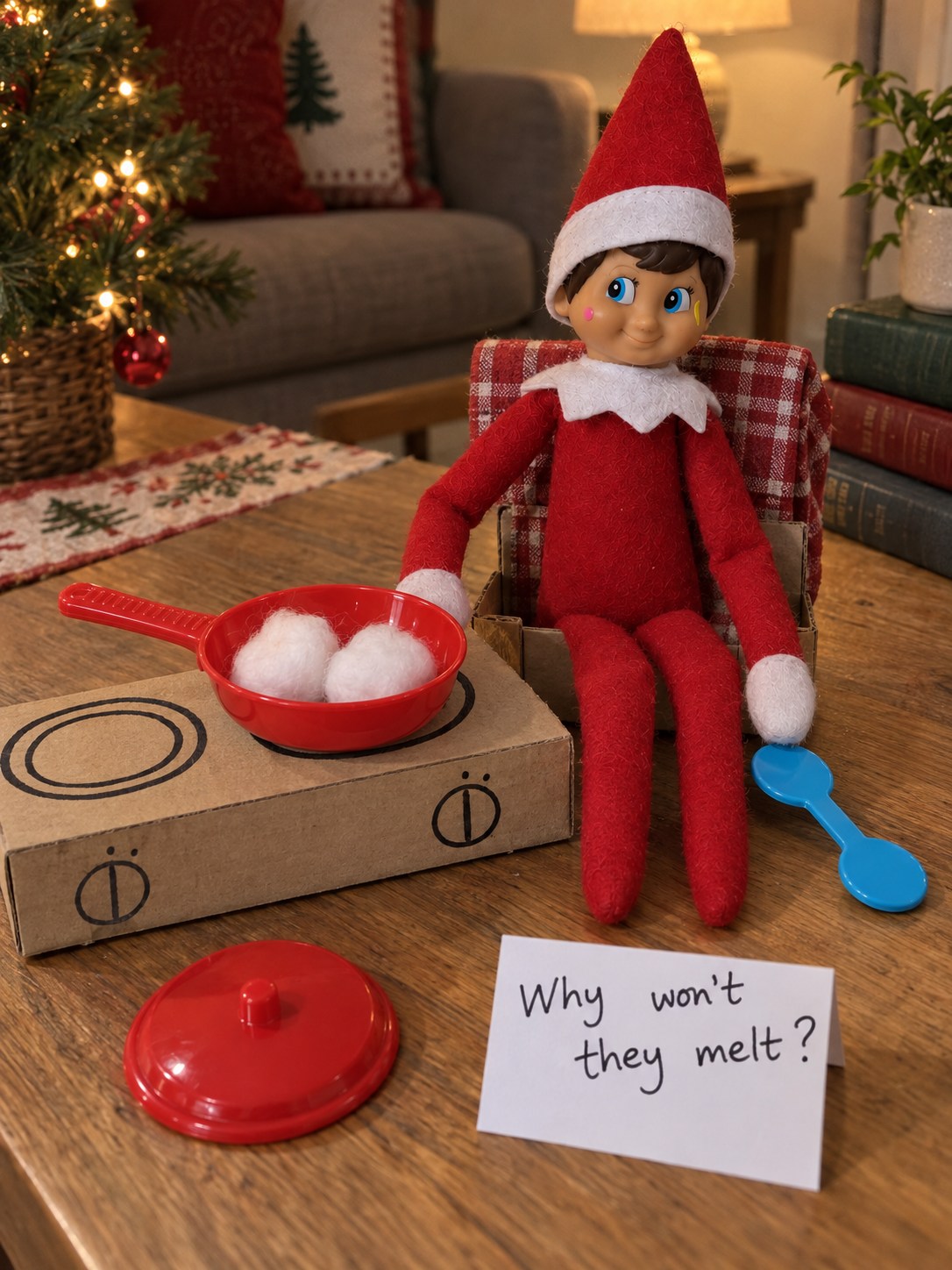 Tom’s elf beside a miniature red toy frying pan containing cotton-wool snowballs, with a red lid, blue utensil and homemade cardboard hob.