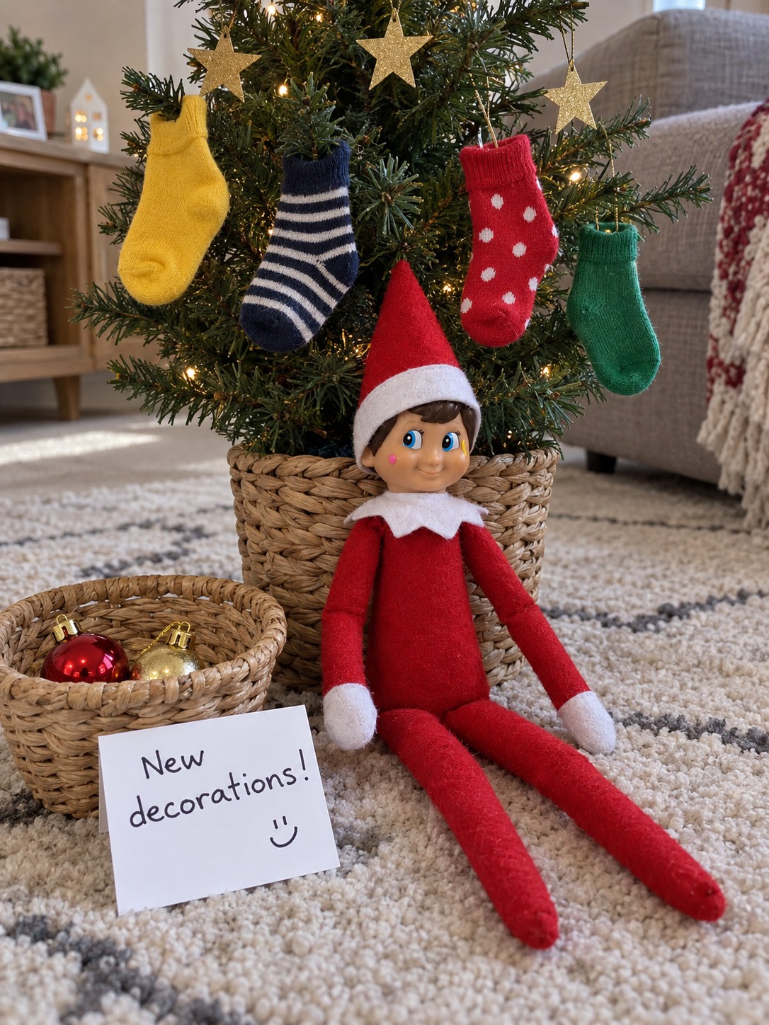 Tom’s elf seated beside a small Christmas tree decorated with four colourful socks, with baubles in a basket and a New decorations note.