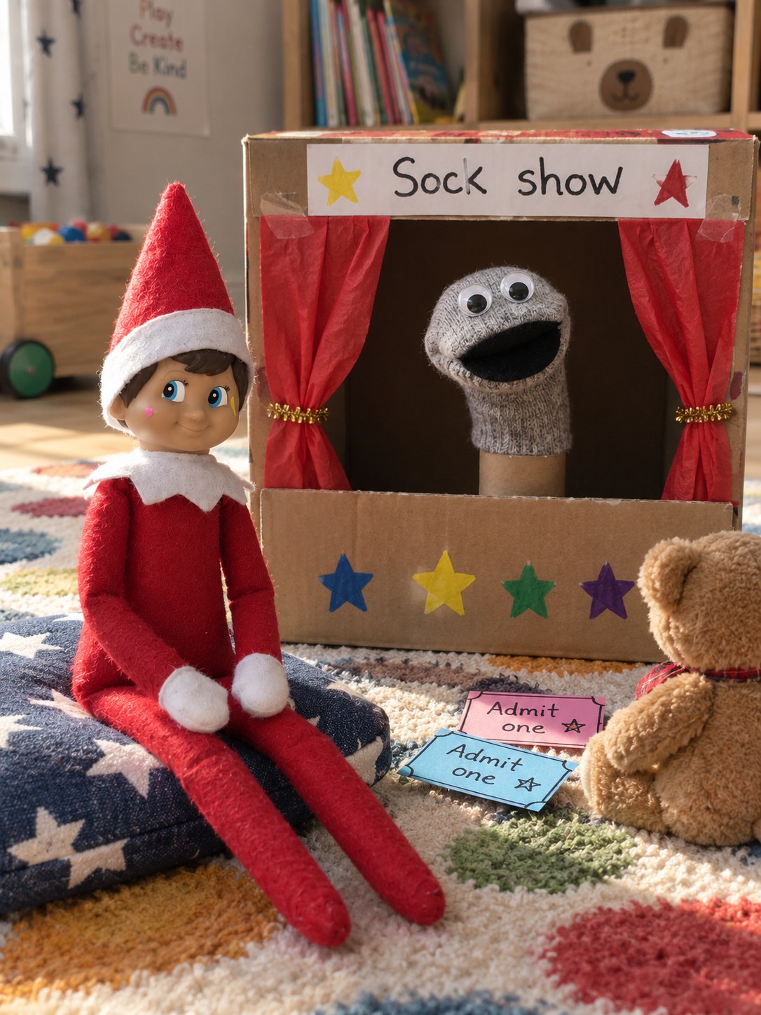 Tom’s elf and a toy bear watching a grey sock puppet in a homemade cardboard theatre with red paper curtains.