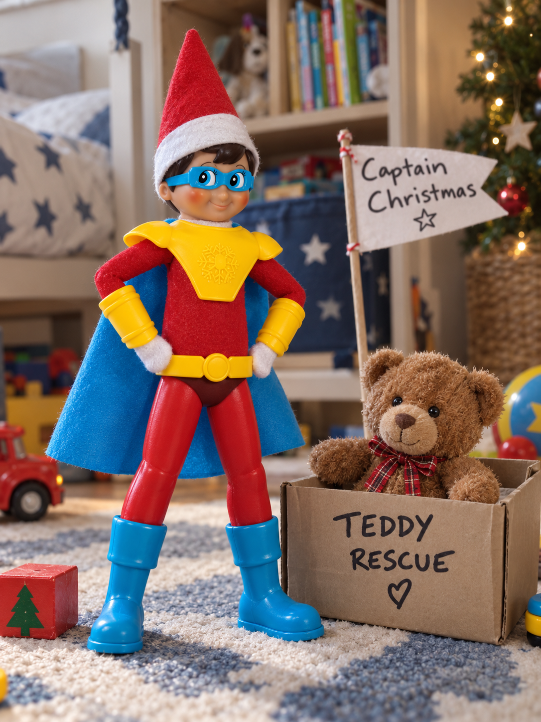 Tom the elf dressed as a superhero standing beside a teddy in a small rescue box
