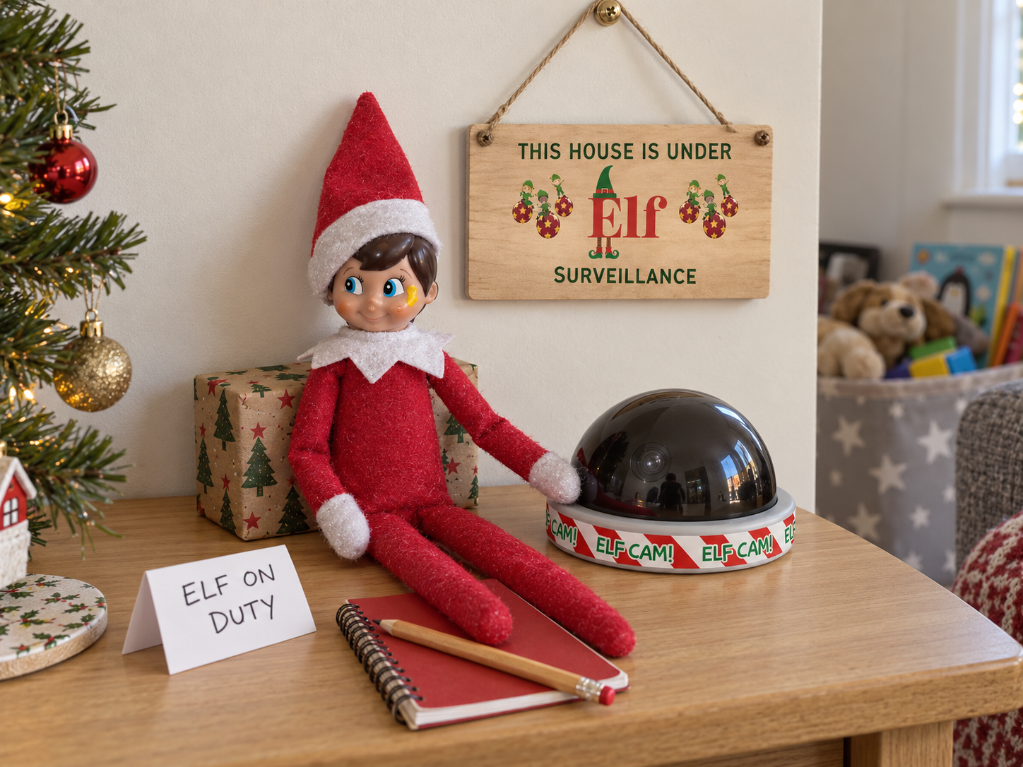 Tom’s elf with his yellow cheek paint, on duty beside an elf camera and an Elf Surveillance sign
