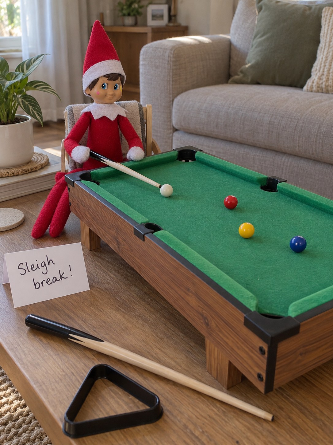 Tom’s elf beside a green-cloth wooden tabletop pool table with a cue, a white cue ball, three coloured balls and a Sleigh break note.