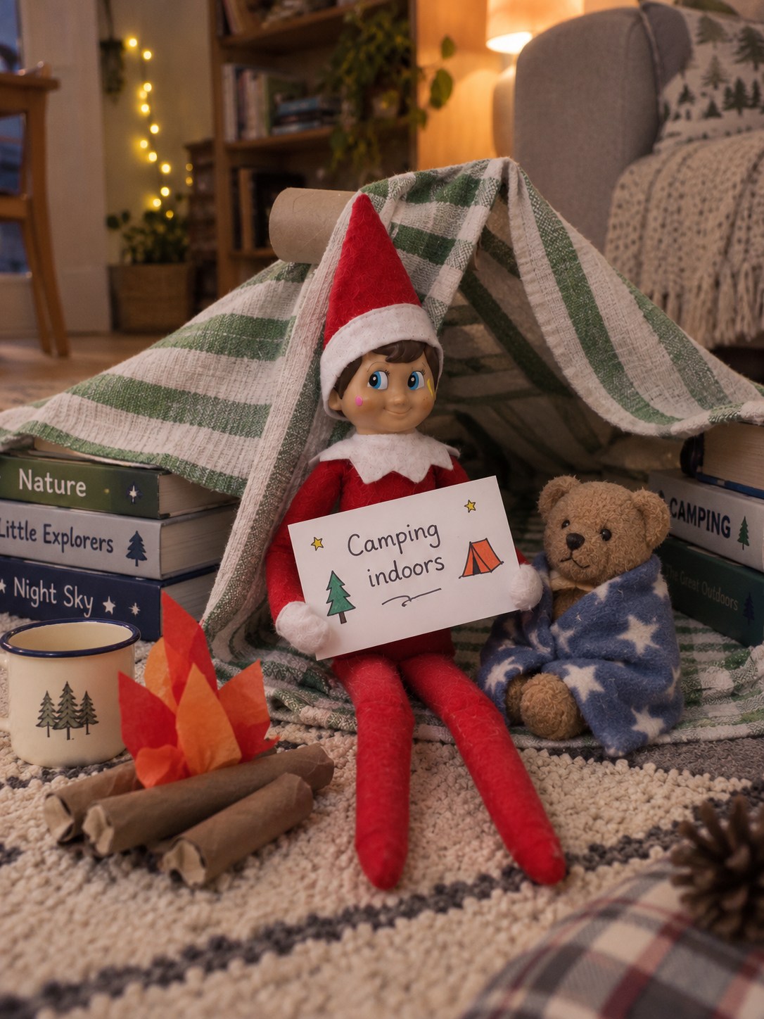Tom’s elf outside a striped tea-towel tent supported by books, beside a teddy camper and a pretend tissue-paper campfire.