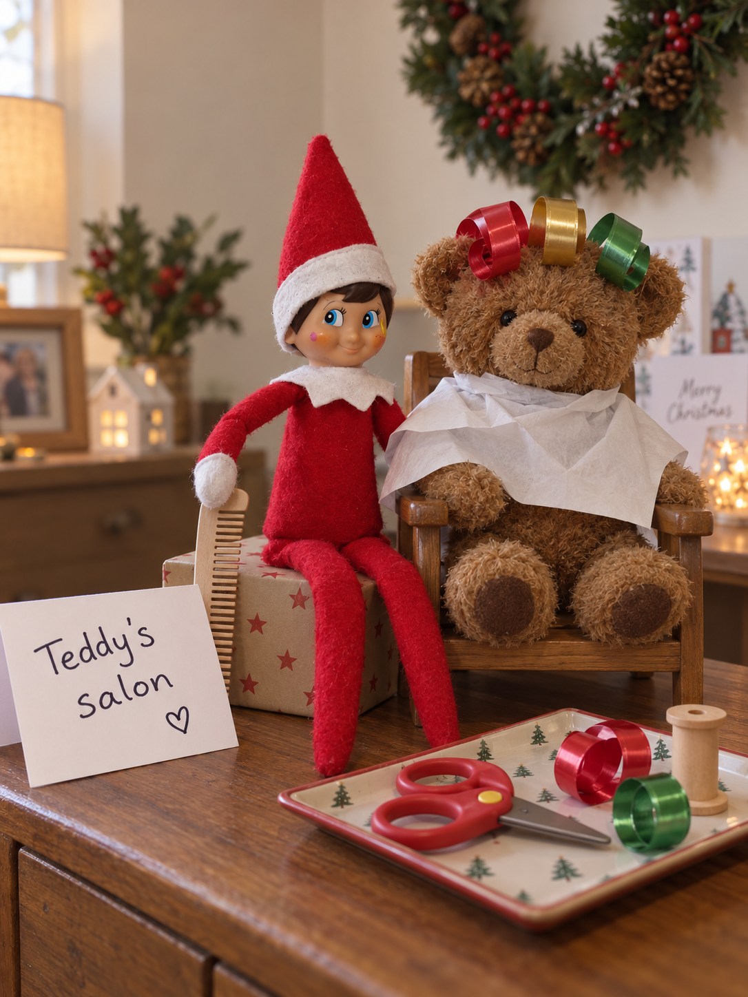 Tom’s elf beside a teddy wearing a paper salon cape and a colourful gift-ribbon wig