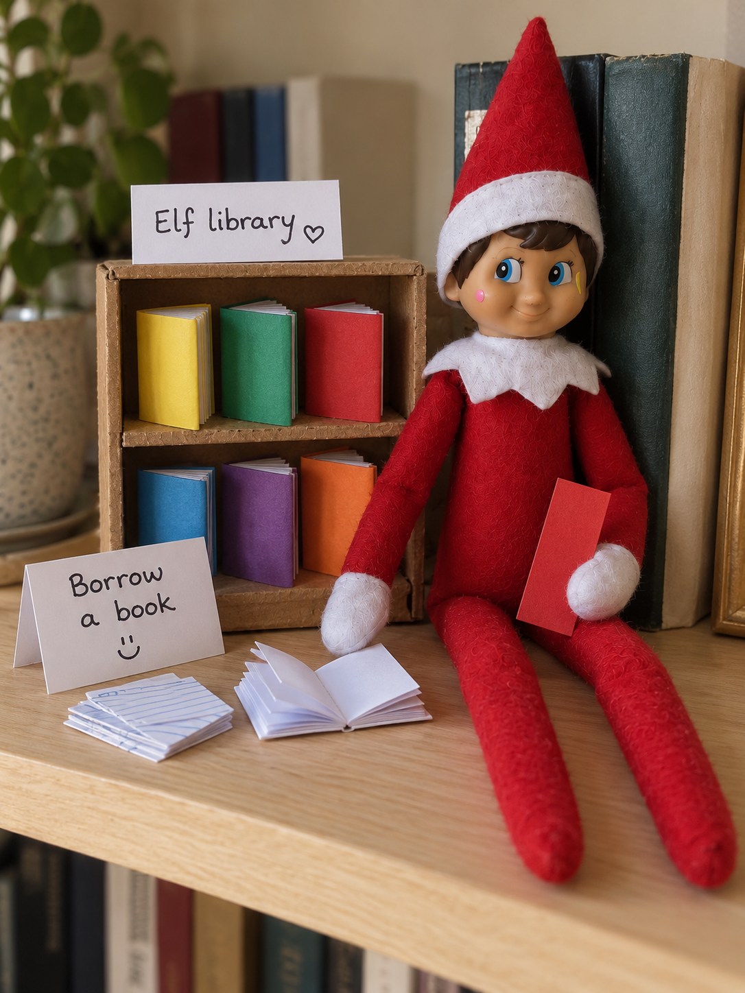 Tom’s elf beside a miniature cardboard lending library with coloured paper books, library cards and a Borrow a book sign.