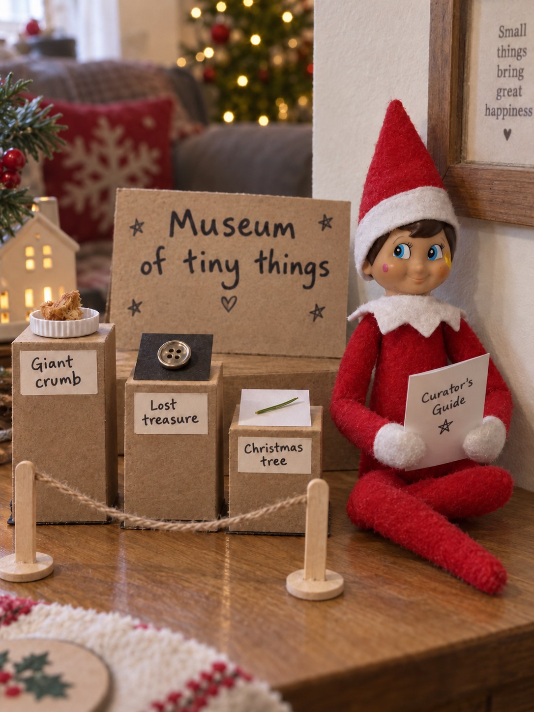 Tom’s elf curating a homemade museum with a toast crumb, shiny button and pine needle on three small cardboard display stands.