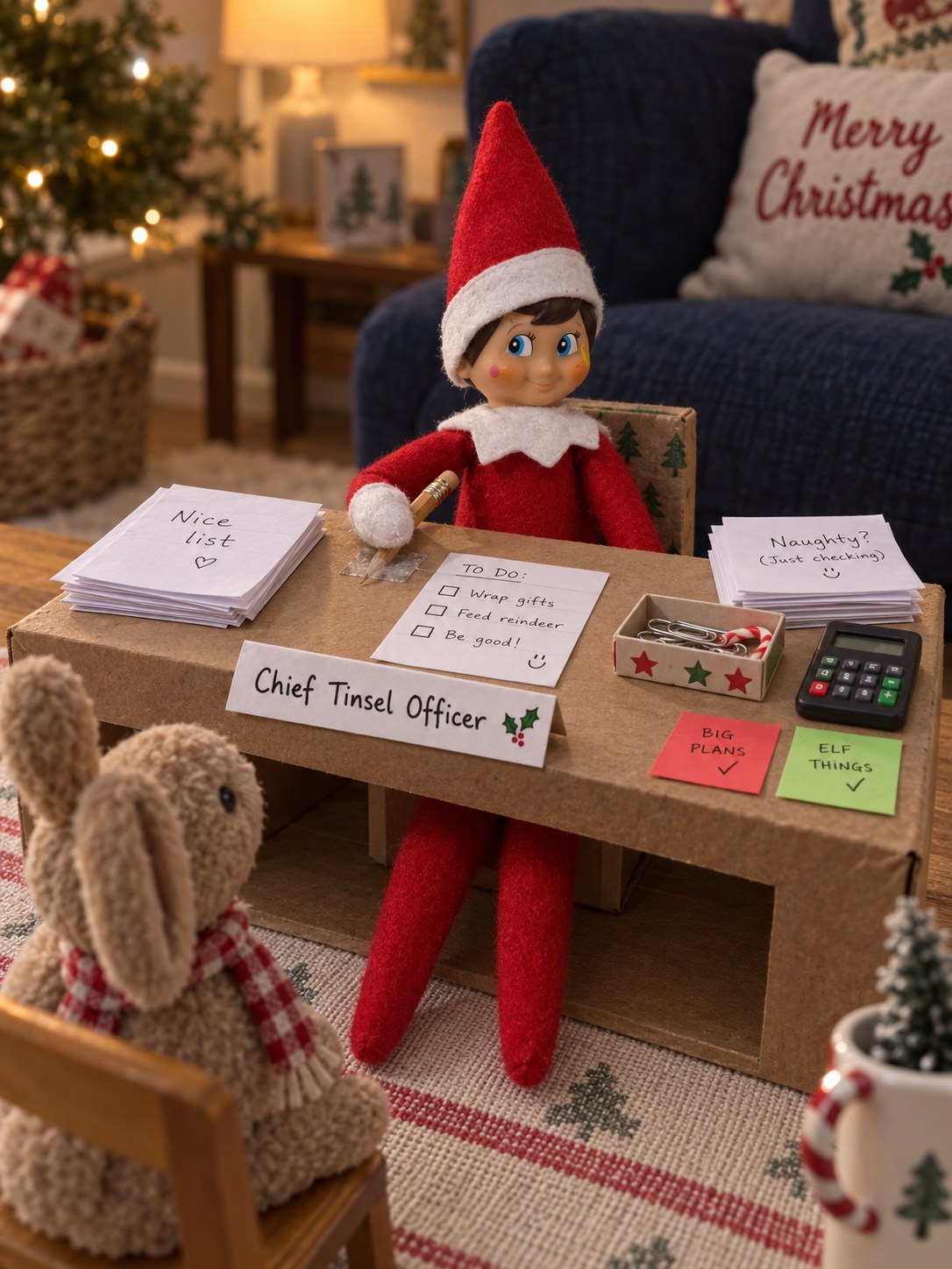 Tom’s elf at a miniature cardboard office desk with a Chief Tinsel Officer sign and a toy visitor