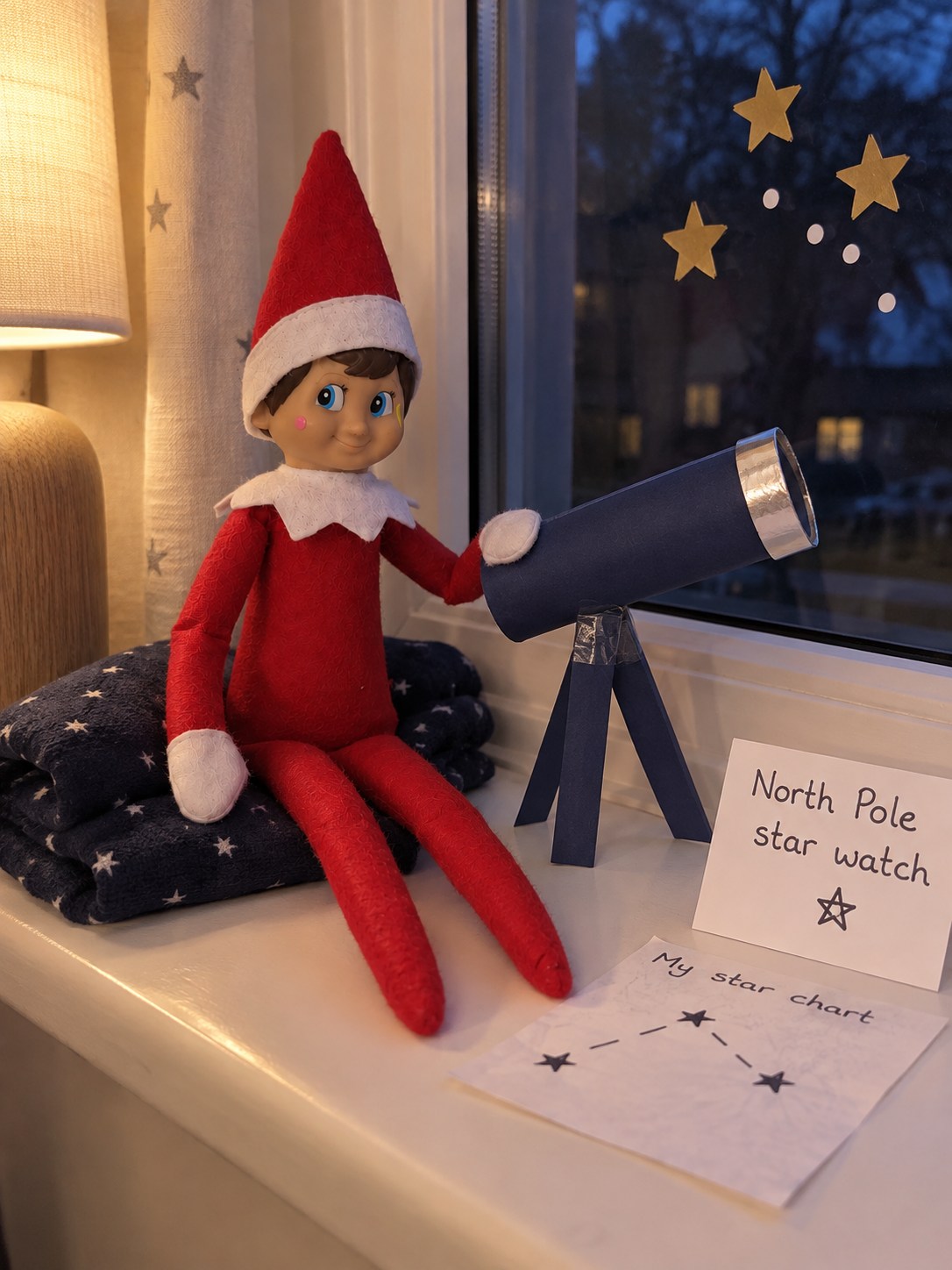 Tom’s elf seated beside a blue cardboard telescope on a folded-card tripod, with paper stars on the closed window and a star-watch note.