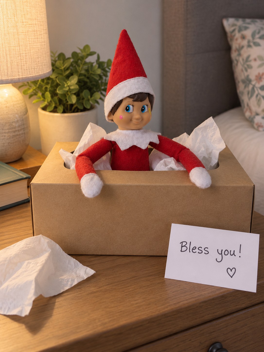 Tom’s elf peeking through the oval opening of a plain tissue box with both white mittens outside and a Bless you note beside him.