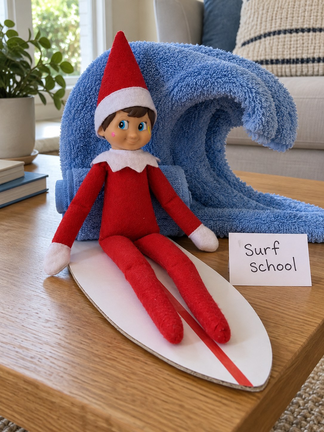 Tom’s elf sitting on a white cardboard surfboard with a red stripe, supported in front of a curled blue towel wave.