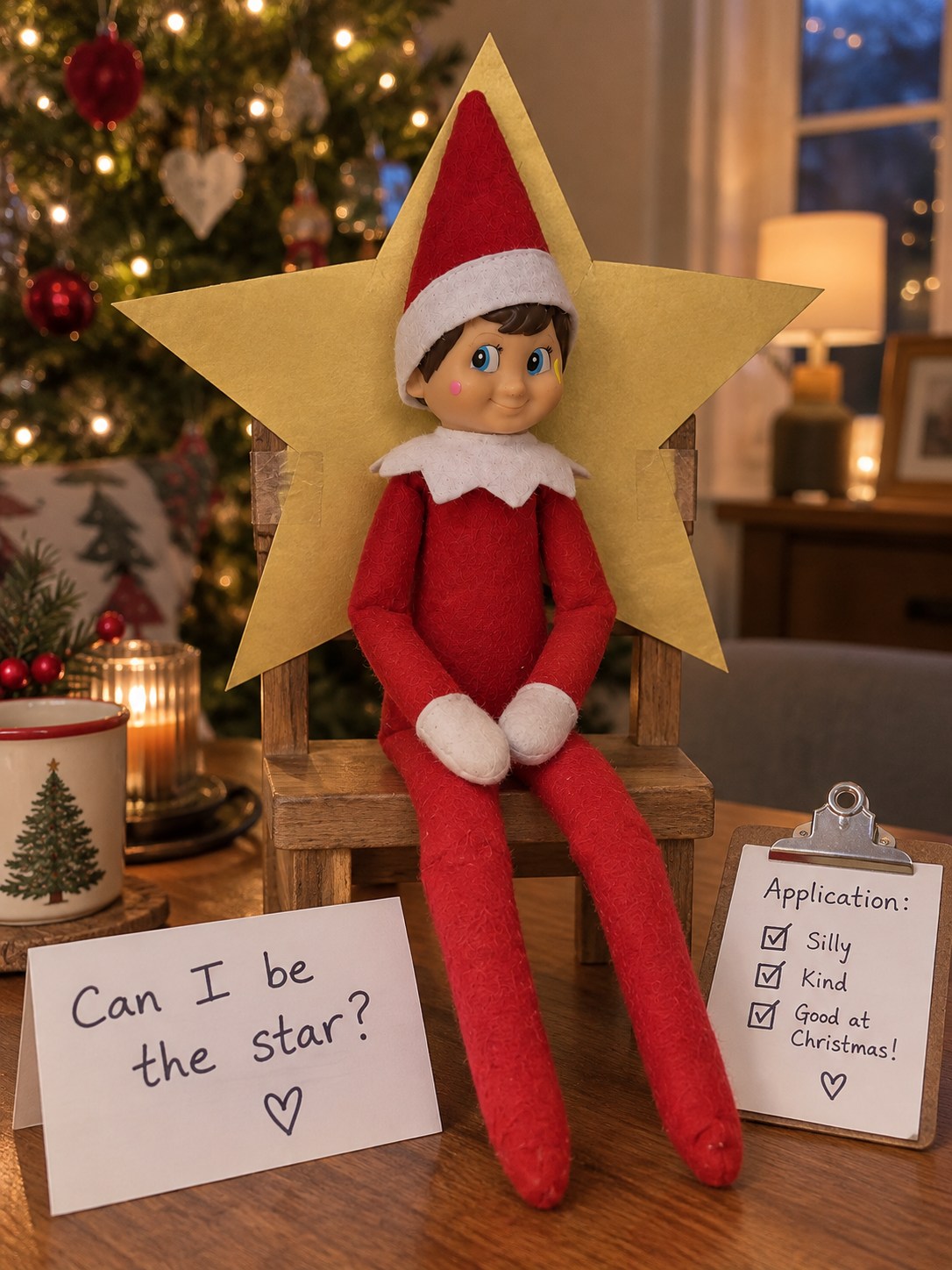 Tom’s elf seated in front of a homemade gold-card star beside a Can I be the star note, with a Christmas tree in the background.