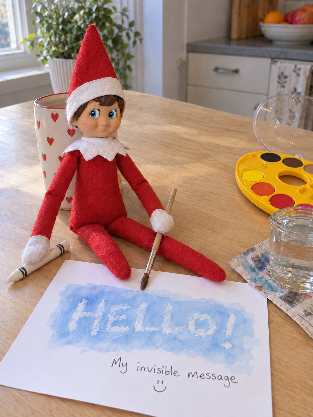 Tom’s elf beside a yellow watercolour palette and a white wax HELLO message revealed in blue paint on paper.