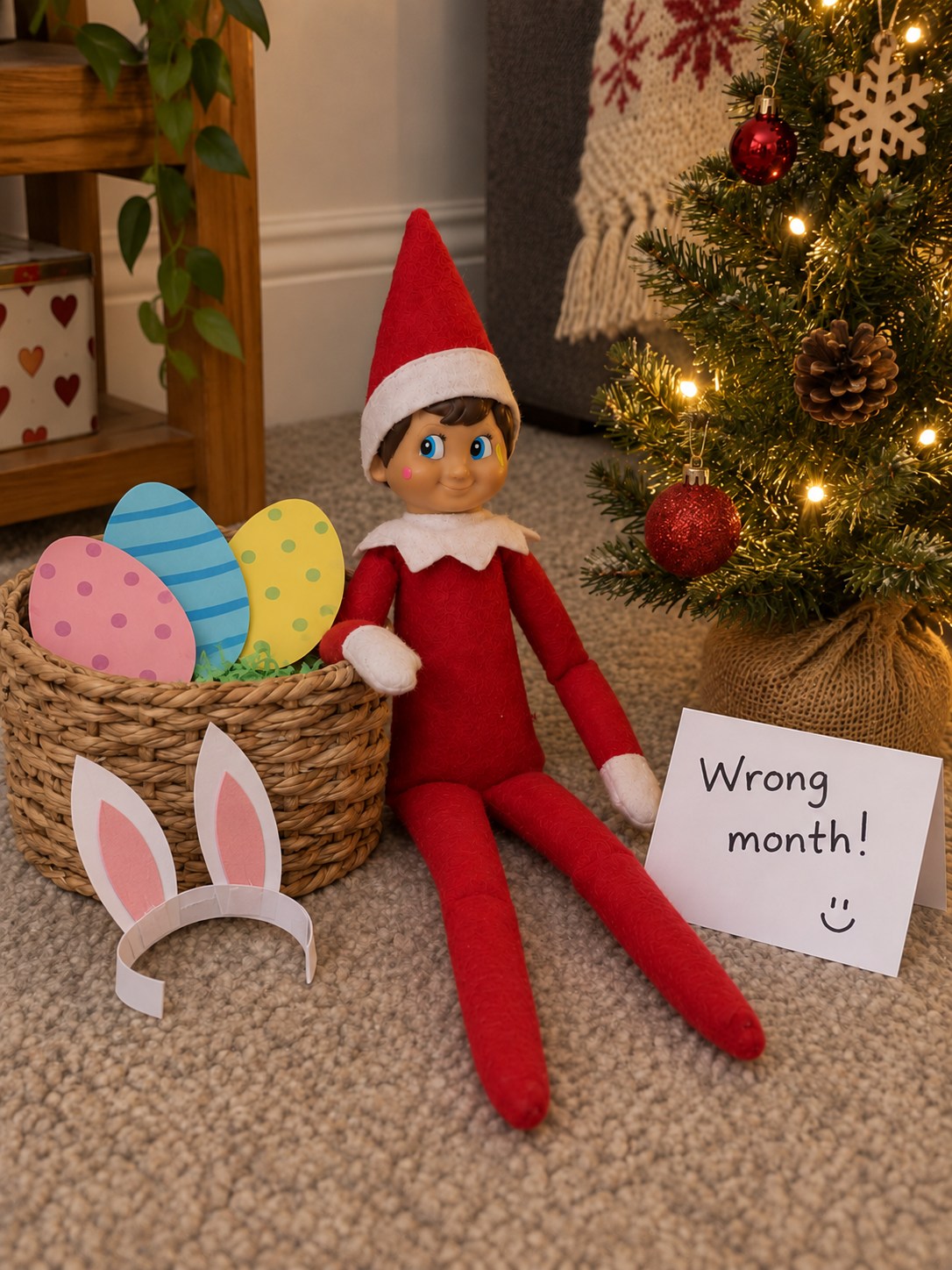 Tom’s elf beside a basket of three pastel paper eggs, homemade rabbit ears and a Wrong month note near a Christmas tree.