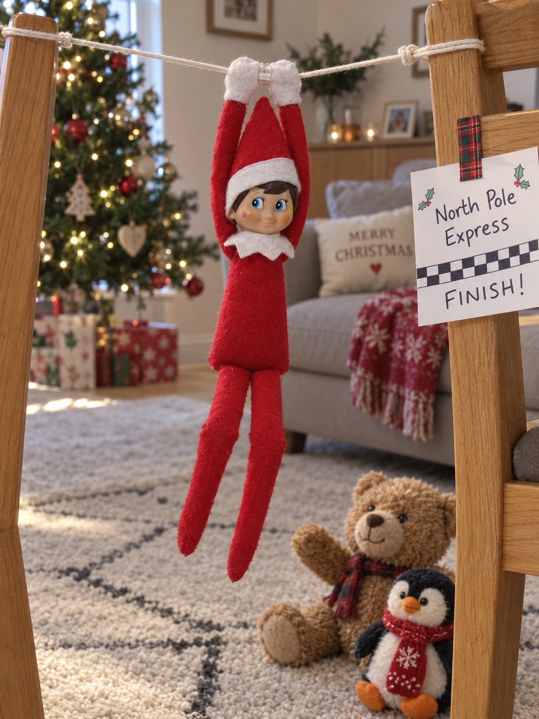 Tom’s elf hanging by his mittens from a string zipwire between two chairs