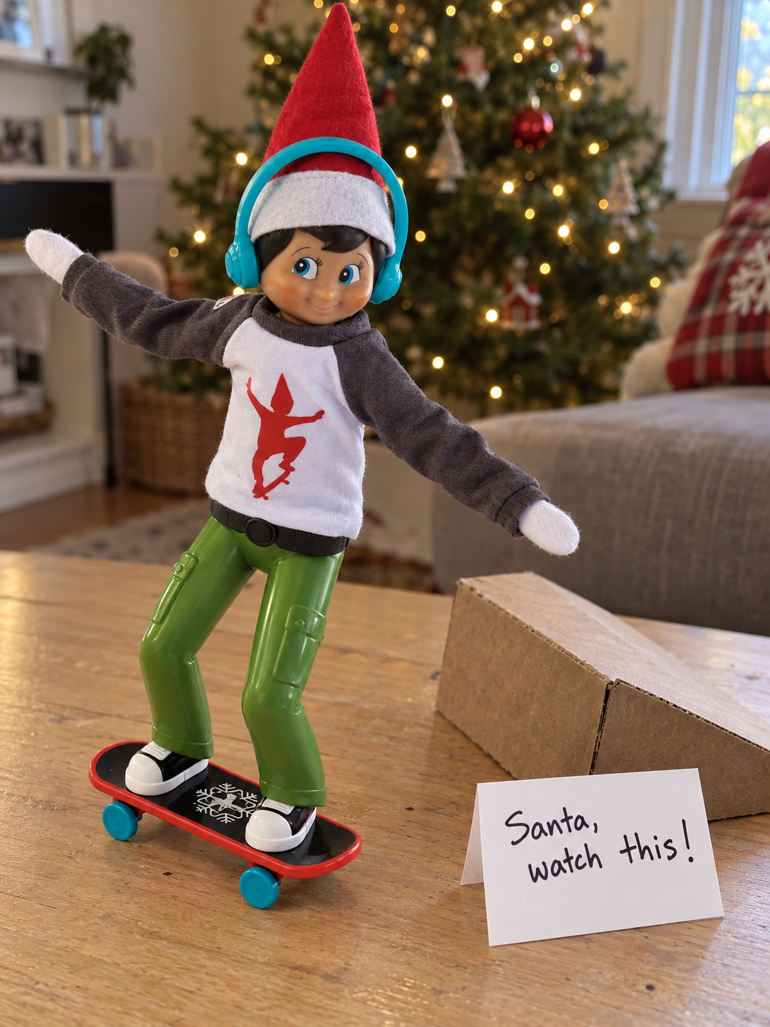Tom’s elf standing on a miniature skateboard beside a cardboard ramp, wearing a grey hoodie and turquoise headphones.