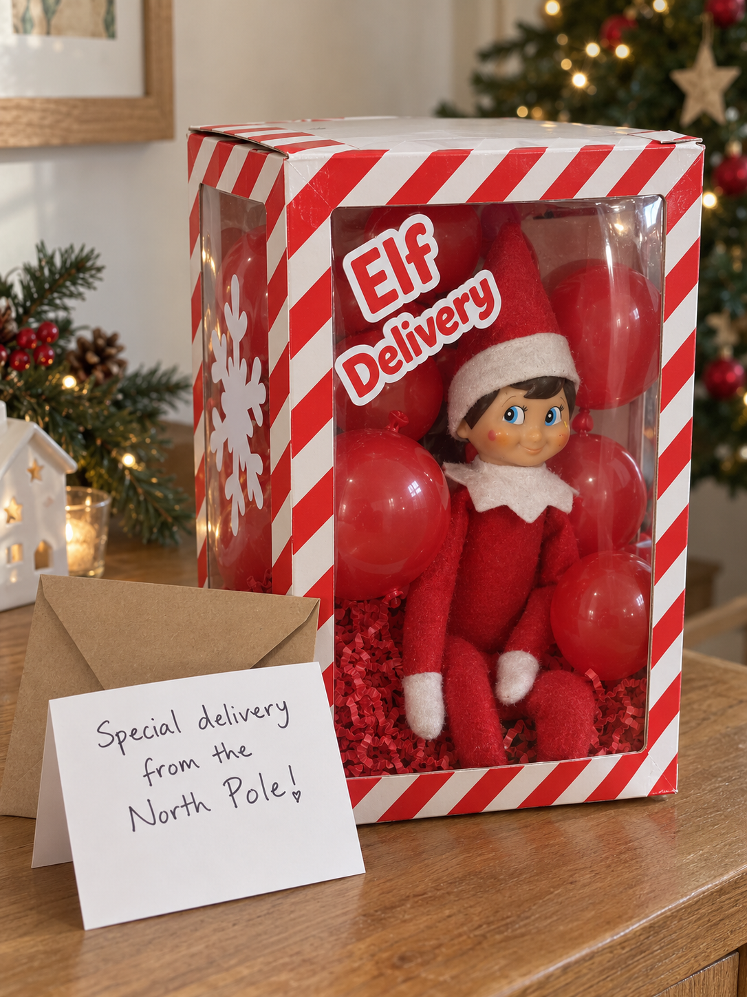 Tom’s elf sitting in a red-and-white Elf Delivery box surrounded by red balloons.