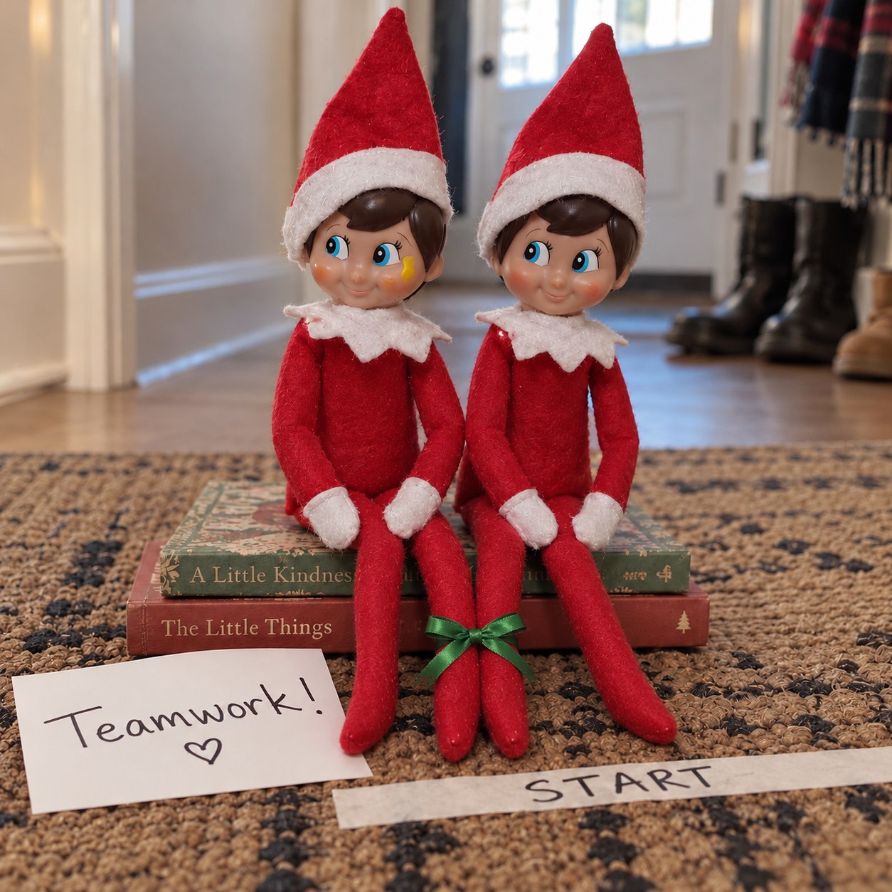 Tom’s yellow-smudged elf and a friend seated for a three-legged race, with only their two inner legs tied loosely and both outer legs free.