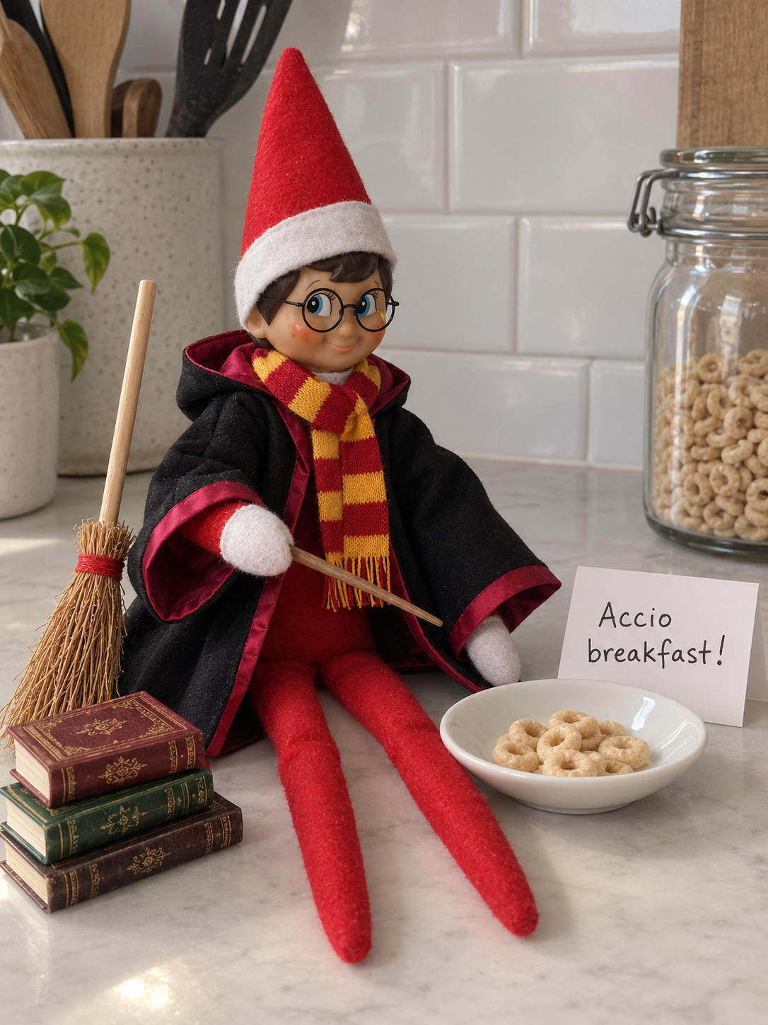 Tom’s elf dressed as a wizard with round glasses and a striped scarf, pointing a wand at a saucer of breakfast cereal.